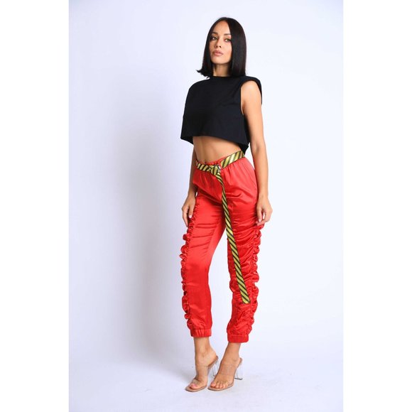 Women's Casual Satin Shirring Long Cuffed Pants With Belted Daily Outdoor Comfy - Picture 7 of 12